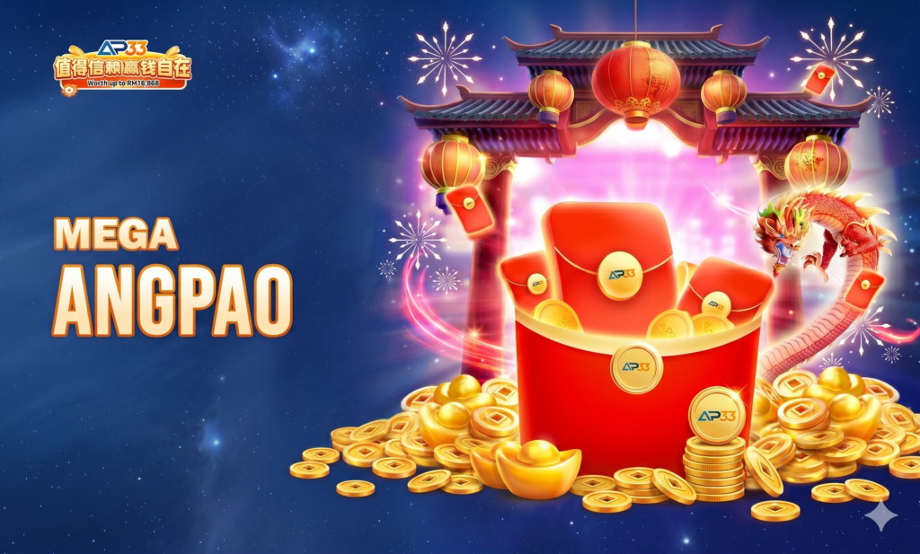 Mega Angpao promotion banner with red envelopes, gold coins, lanterns, and a dragon.