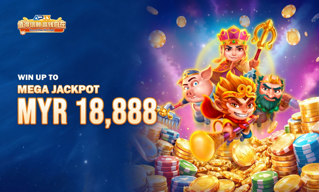Mega jackpot banner offering up to MYR 18,888 with animated characters and piles of coins.