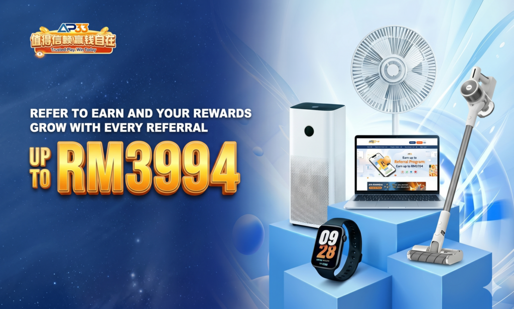 Referral promotion banner offering up to RM3994 with gadgets and home appliances as rewards.