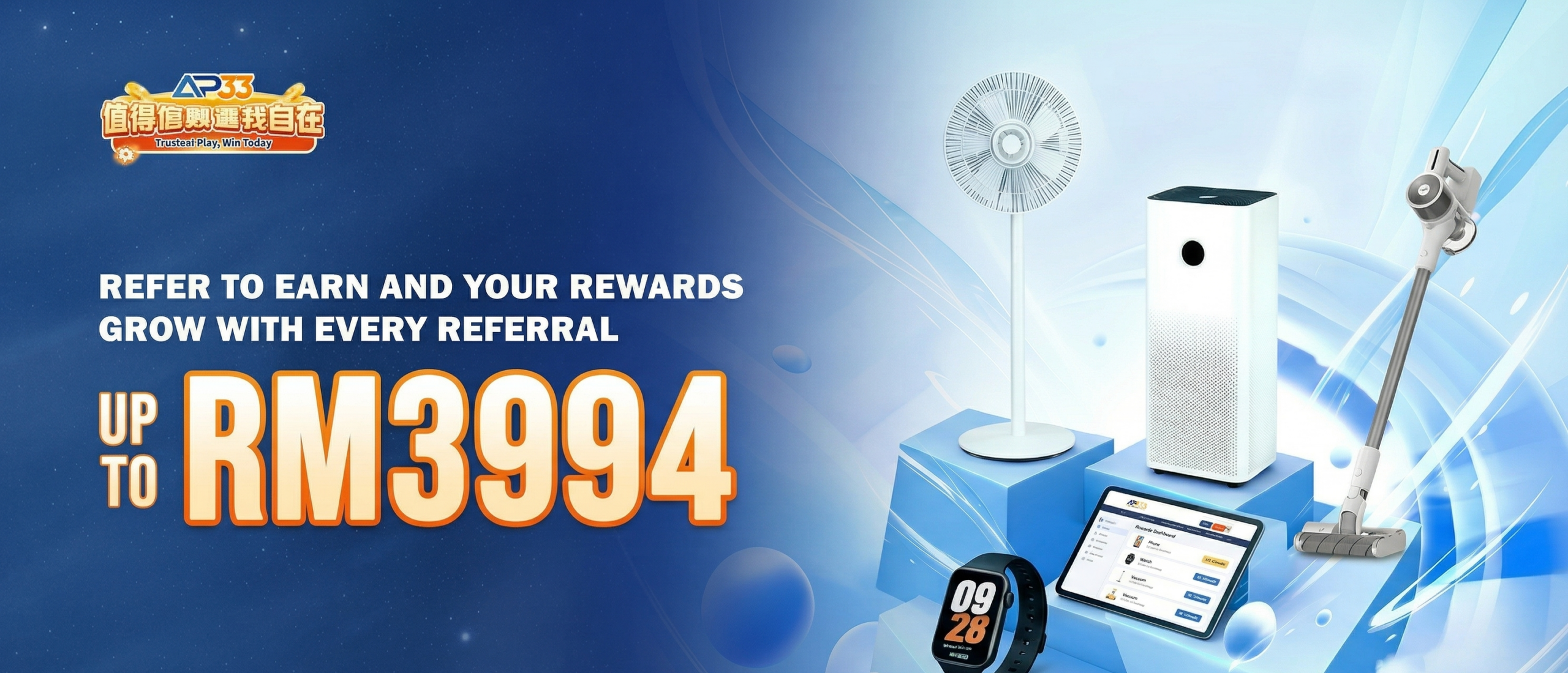 AP33 referral promotion banner offering up to RM3994 with home appliances and gadgets as rewards.
