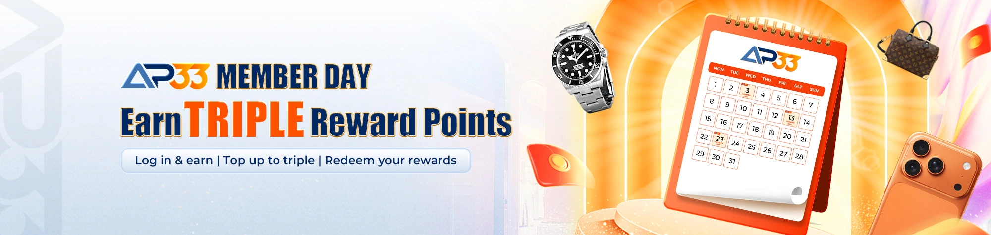 AP33 Member Day banner promoting triple reward points with a calendar, watch, smartphone, and handbag visuals.