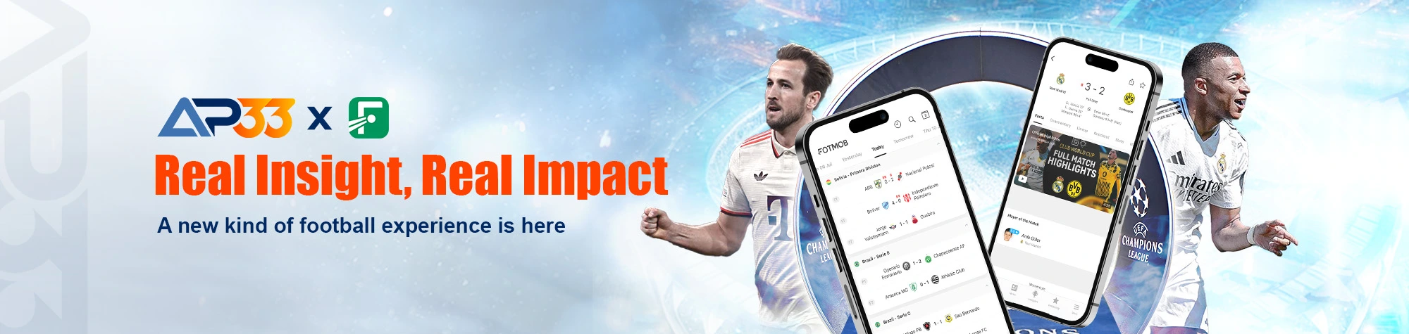 AP33 football promotion banner featuring mobile app screens, football players, and match insights interface.