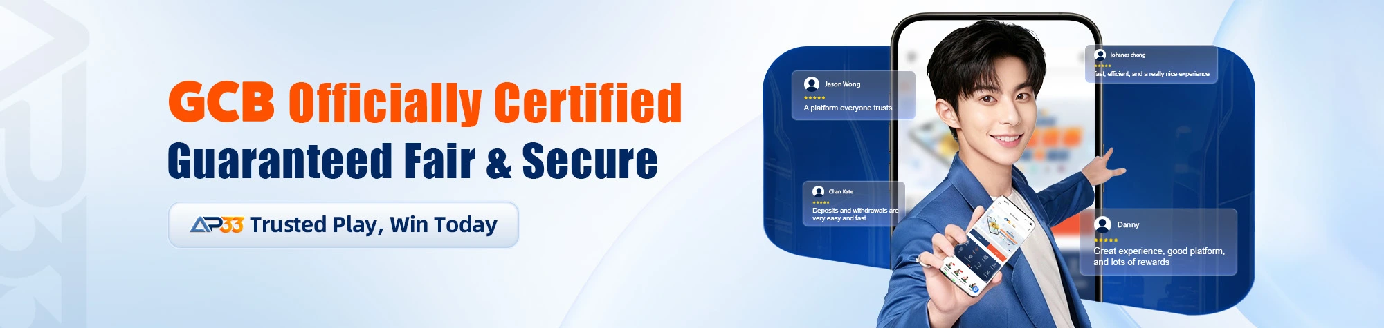 Promotional banner stating GCB officially certified with a man holding a smartphone and user review highlights.