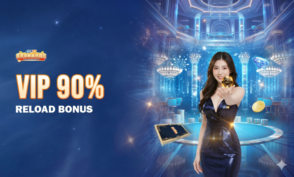 VIP 90% reload bonus banner with a woman holding a casino chip in a luxury casino setting.