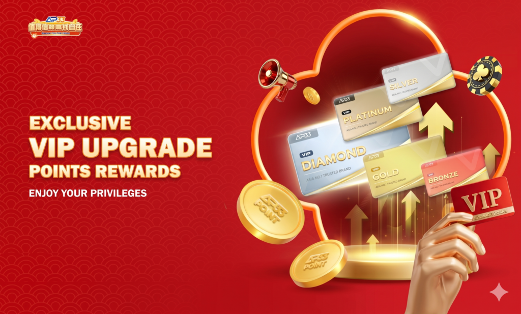 VIP upgrade promotion banner showing tier cards (Bronze, Silver, Gold, Platinum, Diamond) with coins and upward arrows.