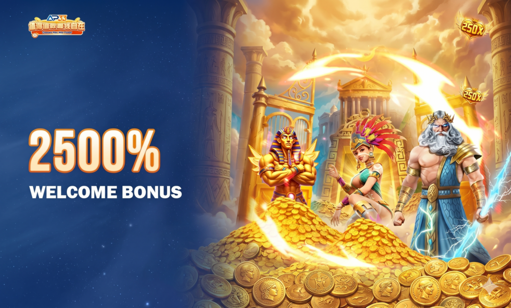 2500% welcome bonus banner with mythological characters, gold coins, and a temple background.