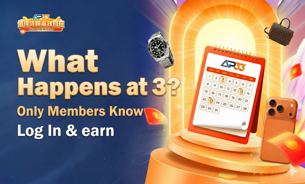 Promotional banner asking “What Happens at 3?” with a calendar, watch, smartphone, and luxury items.