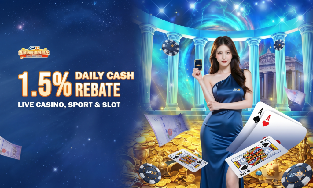 Banner promoting 1.5% daily cash rebate with a woman, casino cards, chips, and gold coins.