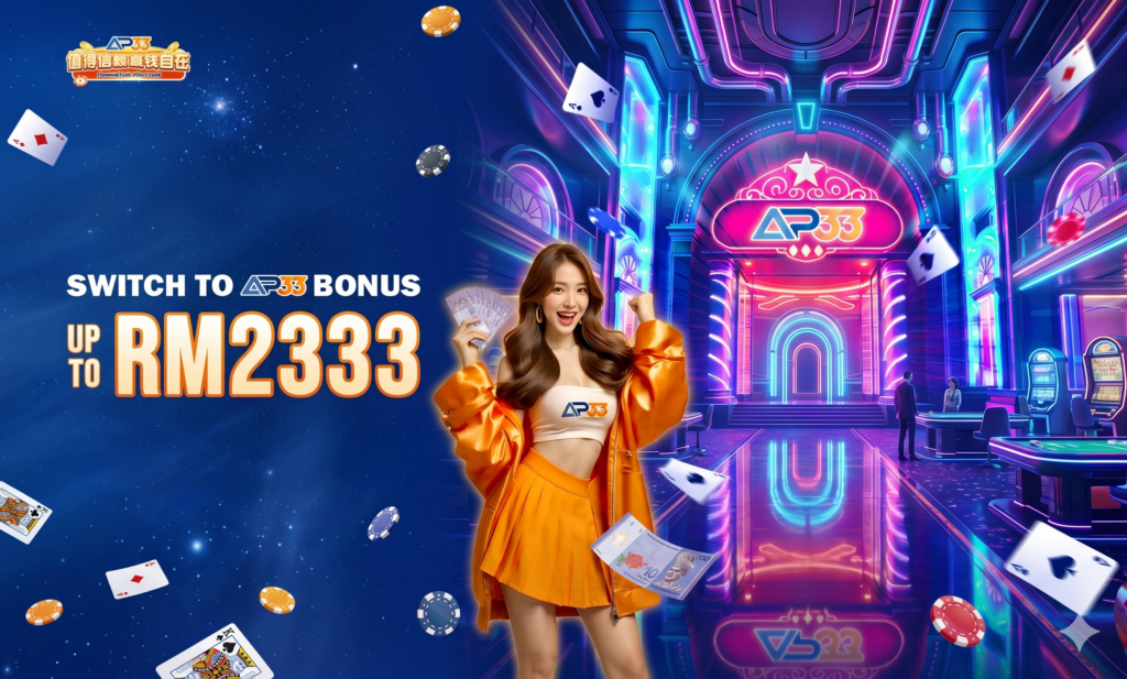 Promotion banner offering up to RM2333 bonus with a woman holding cash in a colorful casino setting.