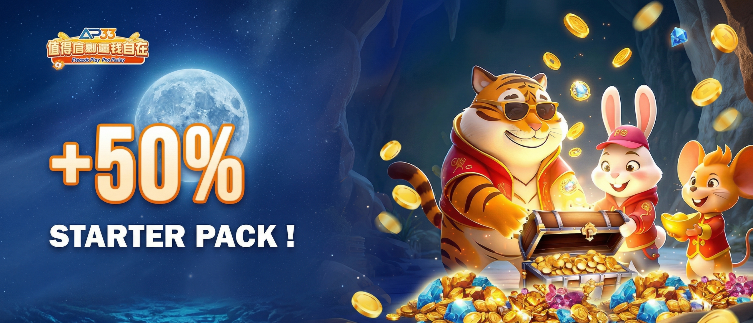 Promotion banner showing +50% starter pack bonus with cartoon tiger, rabbit, and coins around a treasure chest.