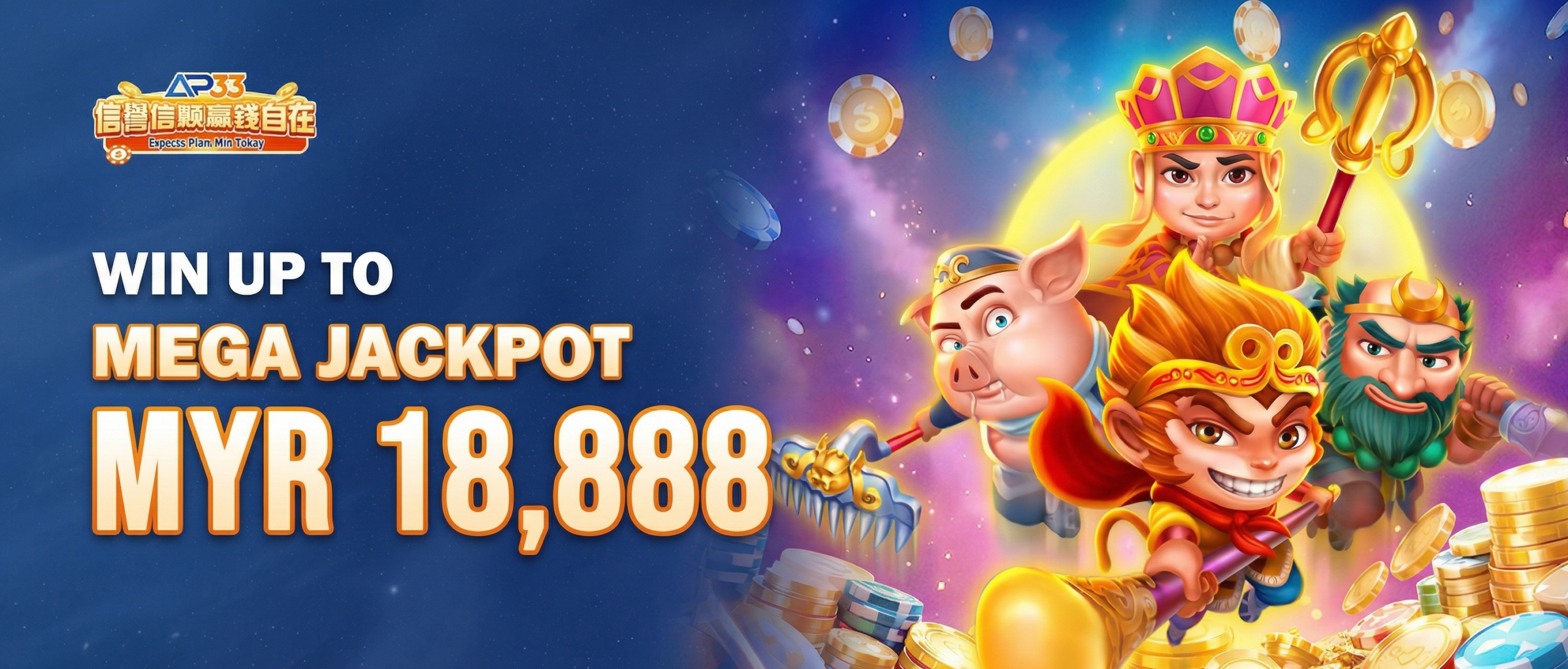 Promotion banner offering mega jackpot up to MYR 18,888 with animated characters and gold coins.