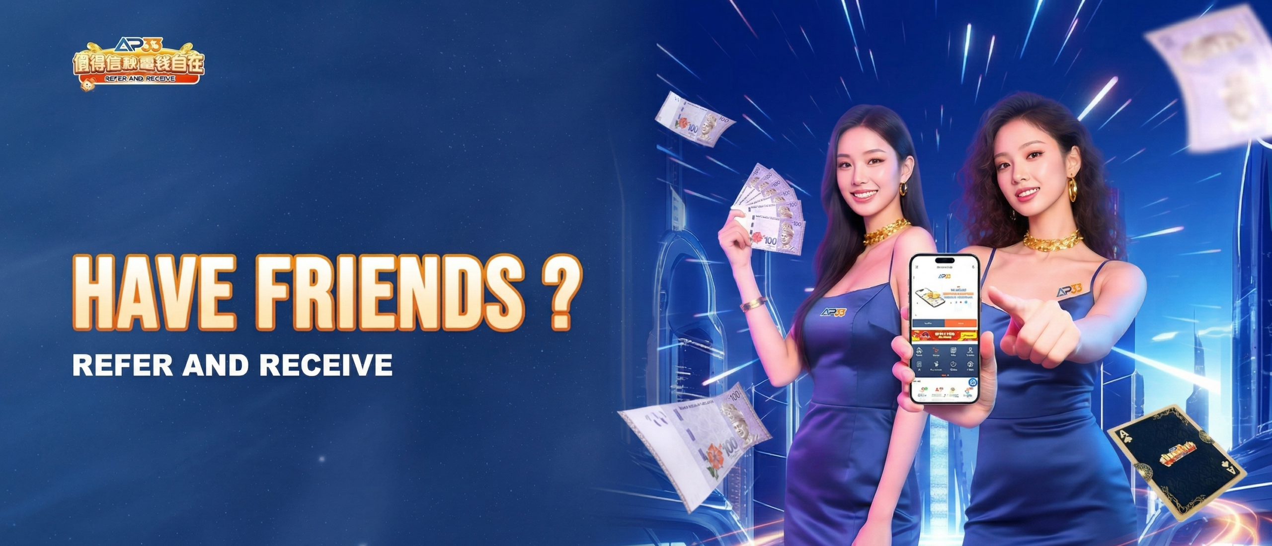 Referral promotion banner showing two women holding cash and a smartphone with text “Have Friends? Refer and Receive.”