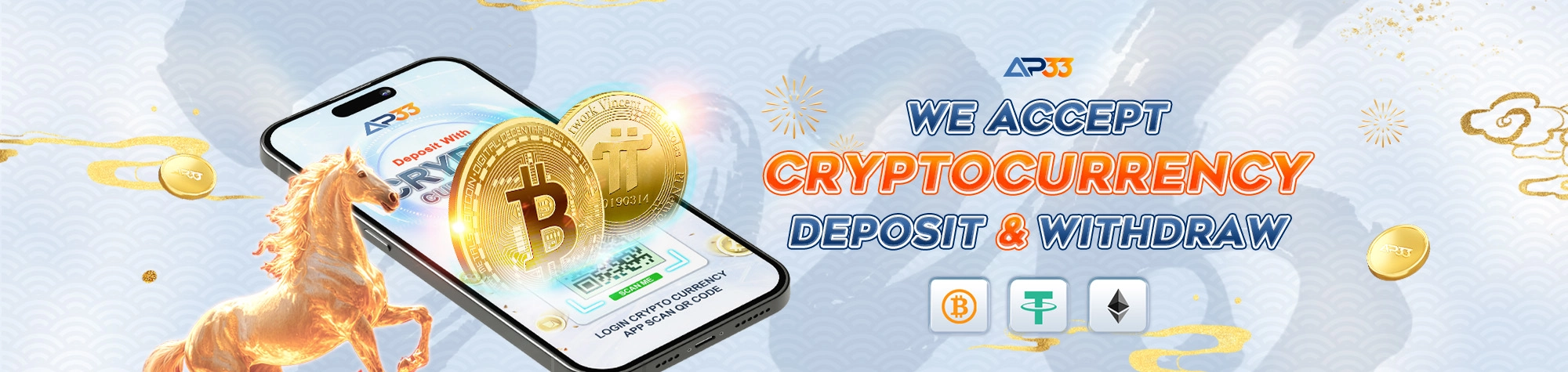 AP33 digital currency payment banner featuring Bitcoin, Tether and Ethereum with a smartphone displaying a crypto payment QR code.