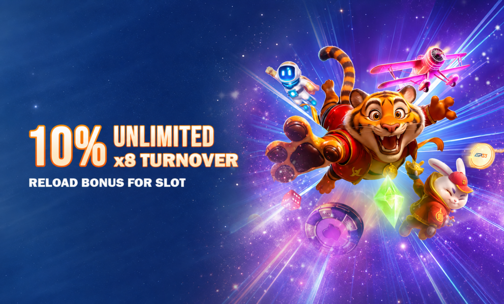 AP33 promotional banner featuring animated tiger, rabbit and robot characters for a 10% unlimited slot reload bonus with ×8 turnover.