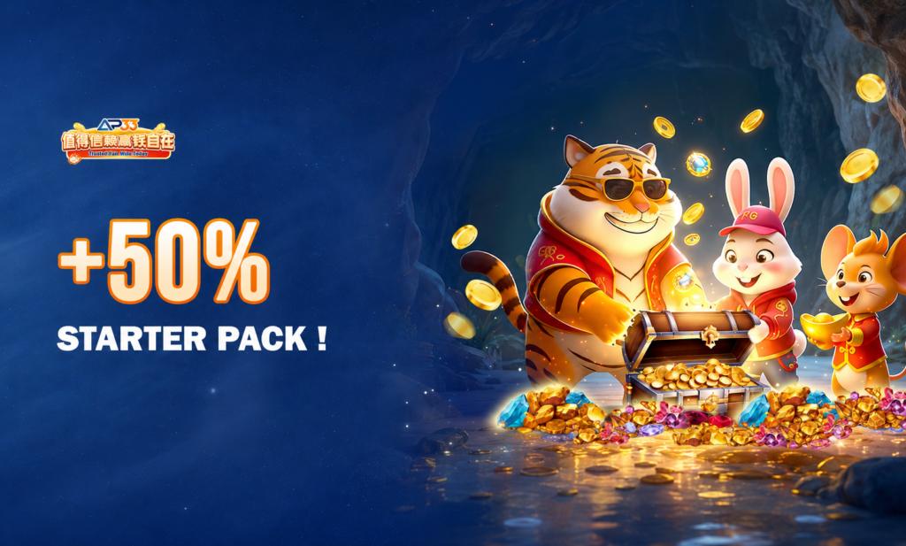 AP33 Starter Pack banner featuring a tiger, rabbit and mouse gathered around a treasure chest filled with coins and gems, promoting a +50% bonus.
