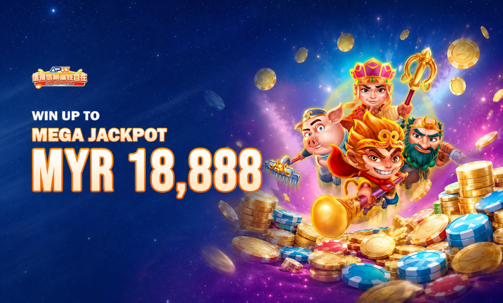 AP33 Mega Jackpot banner featuring Journey to the West-inspired characters, gold coins and casino chips, promoting a MYR18,888 prize.