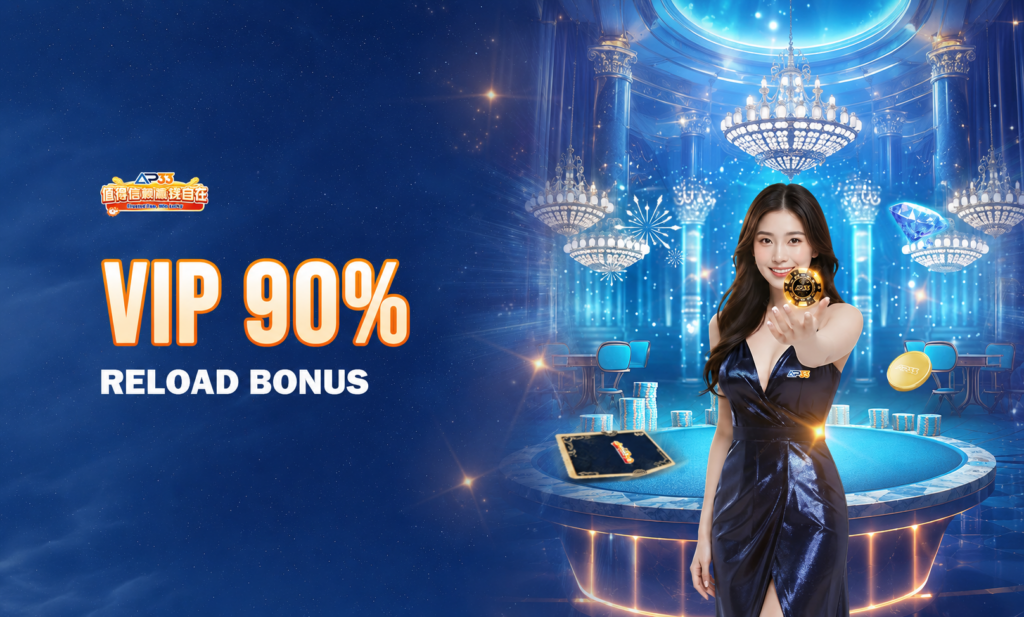AP33 VIP promotion featuring a woman holding a branded token in a blue casino setting, advertising a 90% reload bonus.