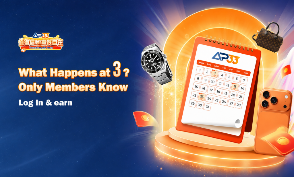 AP33 Member Day banner highlighting special rewards on the 3rd, 13th and 23rd, featuring a calendar, watch, handbag and smartphone.