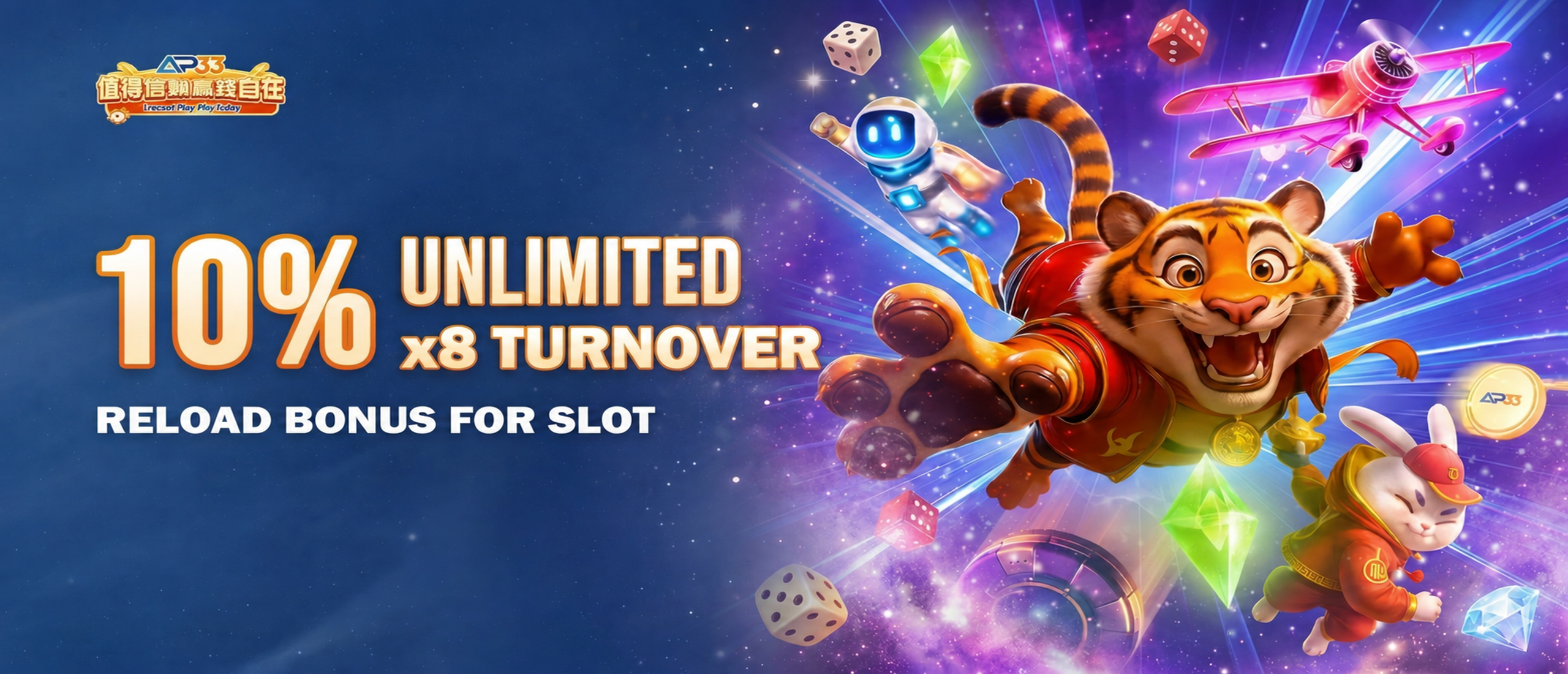 AP33 slot promotion banner showing 10% unlimited reload bonus with a tiger, rabbit, and colorful gaming elements.